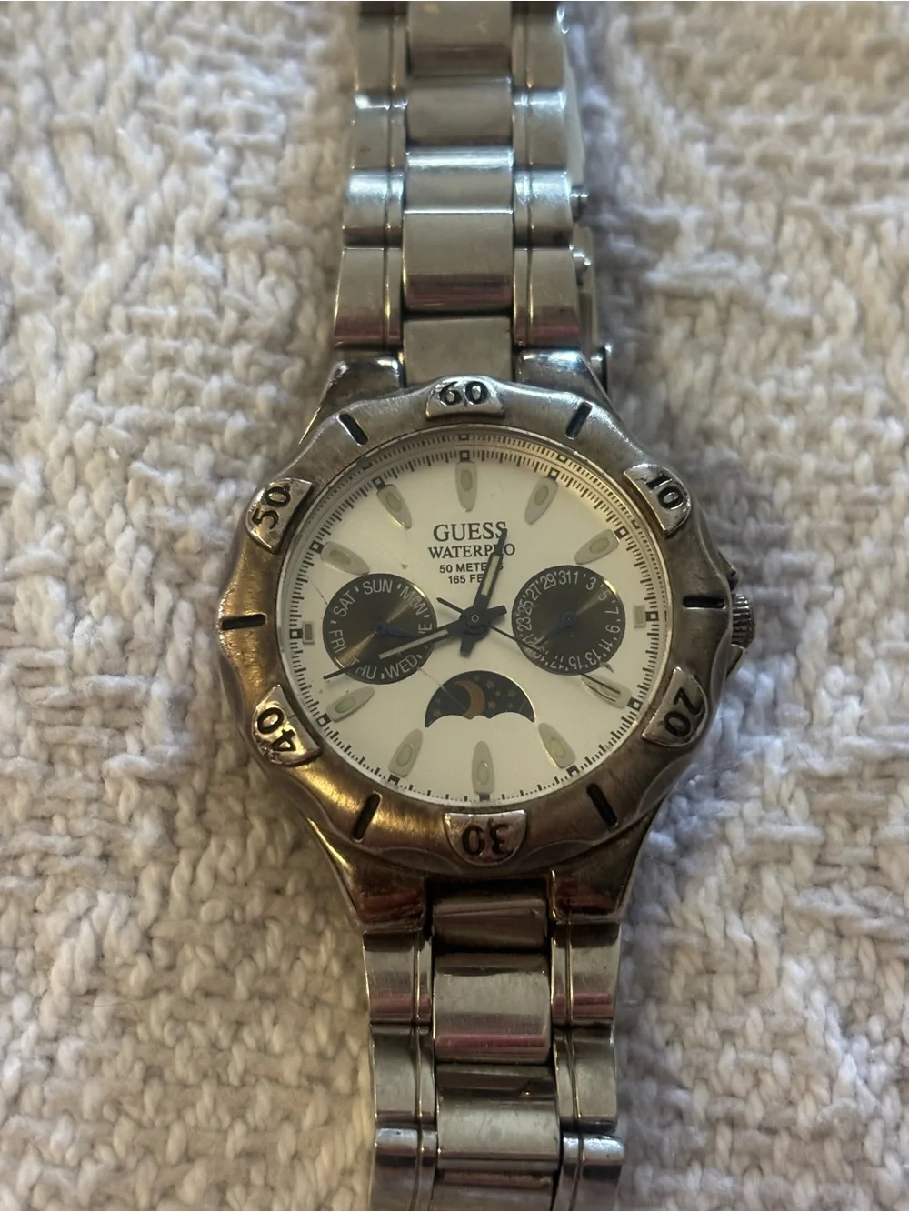 Vintage GUESS Waterpro Silver-Tone Men's Multi-Function Watch with Moon Dial